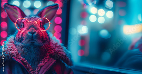 Cool Easter bunny rabbit with pink sunglasses on blue and pink neon light on space background. Funny Easter holiday background