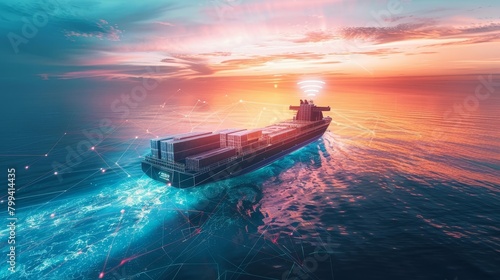 Autonomous Shipping AIPowered Cargo Vessel Charting Course through Futuristic Holographic Seas photo