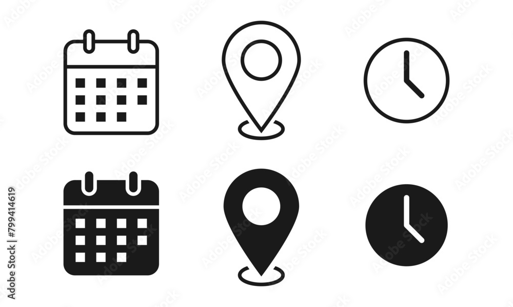 Address location icon. Stopwatch timer icon. Date Calendar icon - Web icons set Address location icon. Stopwatch timer icon. Date Calendar icon - Web icons set