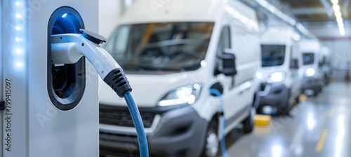 The transport concept is shown with an electric vehicle charging station and a number of vans