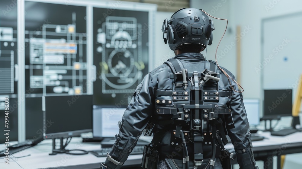 Immersive Virtual Reality Experience Engineer Testing Haptic Feedback Suit in CuttingEdge Simulation Immersive Virtual Reality Experience Engineer Testing Haptic Feedback Suit in CuttingEdge Simulation