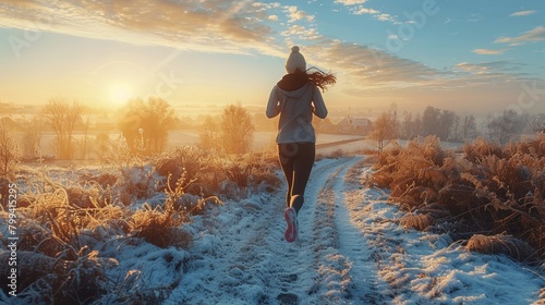 Woman in Red Coat and Blue Scarf