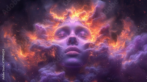  Woman's face encircled by fiery clouds and smoke, eyes gently shut