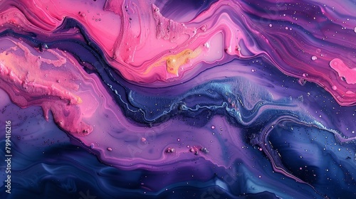  A painting featuring swirling hues of purple, pink, and blue, topped by descending droplets of each color at the canvas' base photo