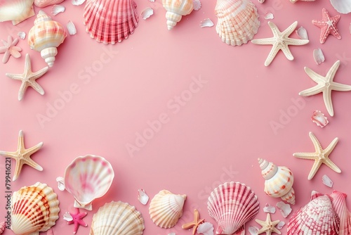 Shells, starfish, sand, glitter on pink background. Advertising of travel agency. Signboard, banner with space for text. Vacation concept. Quiet luxury.