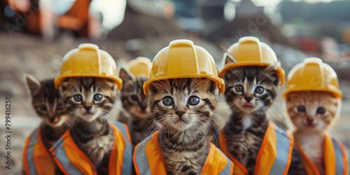A group of kittens wearing construction helmets and safety vests