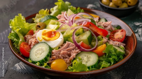 Salad with lettuce leaves tuna