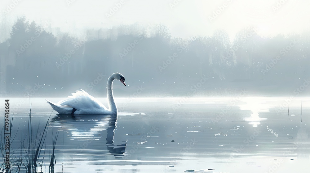   A white swan glides atop a placid lake, surrounded by towering blades of grass and a hazy forest
