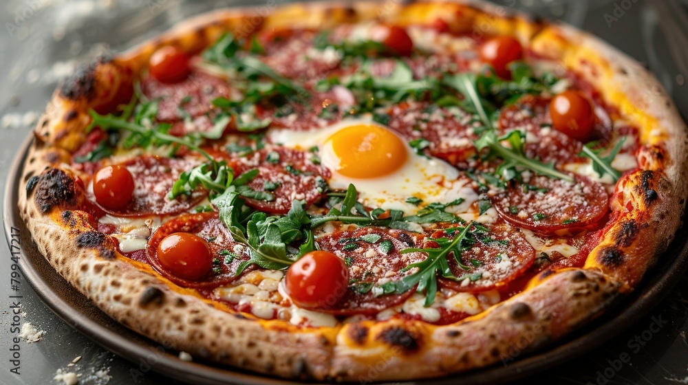 A perfectly balanced pizza with melted cheese, colorful veggies, and a golden egg atop it A perfectly balanced pizza with melted cheese, colorful veggies, and a golden egg atop it