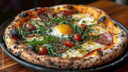  A pizza sits atop a wooden table, with an egg perched atop it