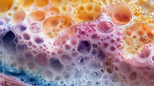  A close-up of various colored soap bubbles in a soapy mixture over water