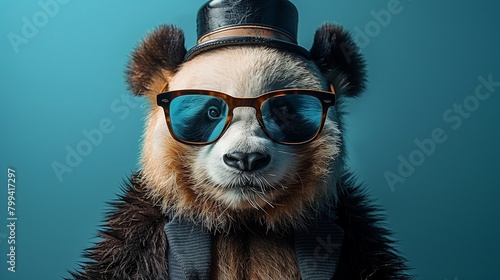 Charming Panda Wearing Sunglasses and Top Hat  Space for Text Insertion