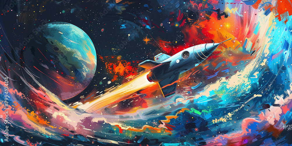 a rocket flying in space planet colorful from acrylic oil bright paint large strokes a rocket flying in space planet colorful from acrylic oil bright paint large strokes
