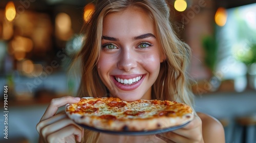 Woman Holding Pizza in Front of Face