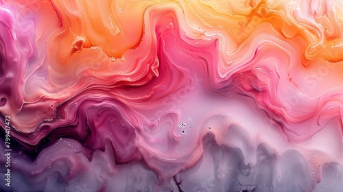  An abstract painting featuring pink, yellow, and purple swirls beneath droplets of water at its base