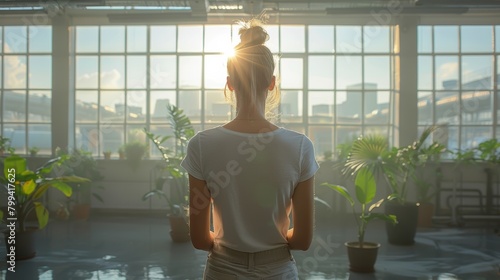 Woman Standing in Front of Large Window