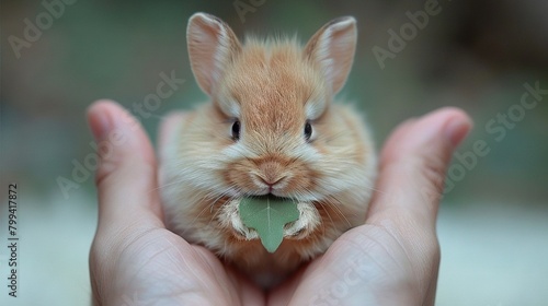   A close-up of a person's hand cradling a small, furry brown bunny, its tiny teeth chomping on a green leaf photo