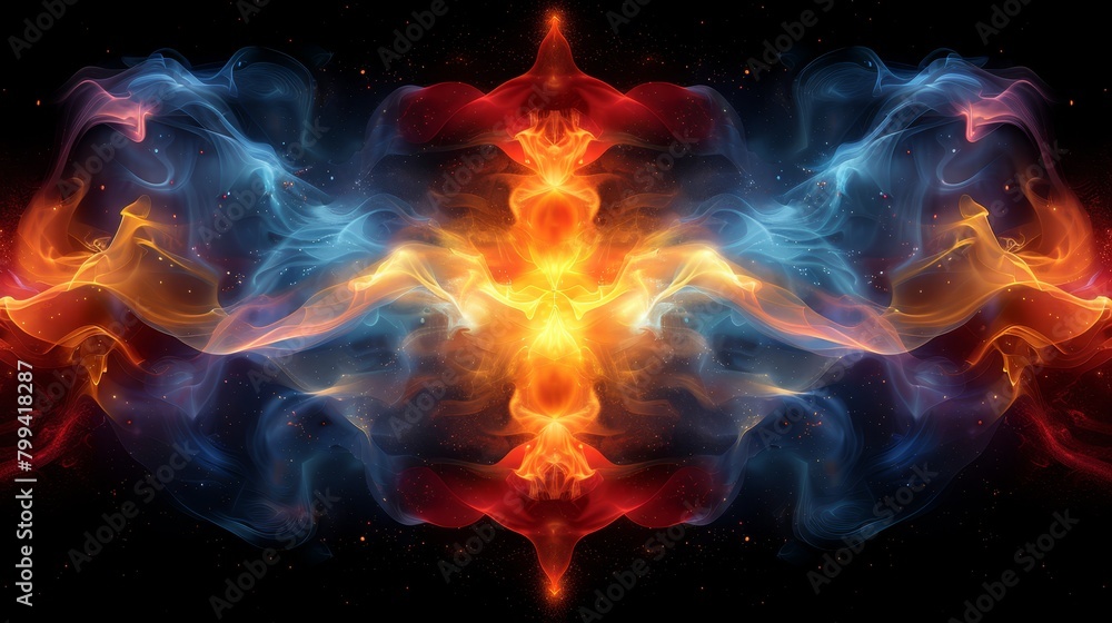   A multicolored fire-ice pattern against a black backdrop features a central star
