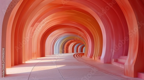   A long tunnel featuring a bench in its center, along with a row of benches aligned therein