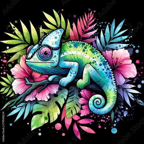 Cute chameleon watercolor flowers tropical © Michel 