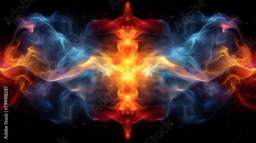  A multicolored fire-ice pattern against a black backdrop features a central star