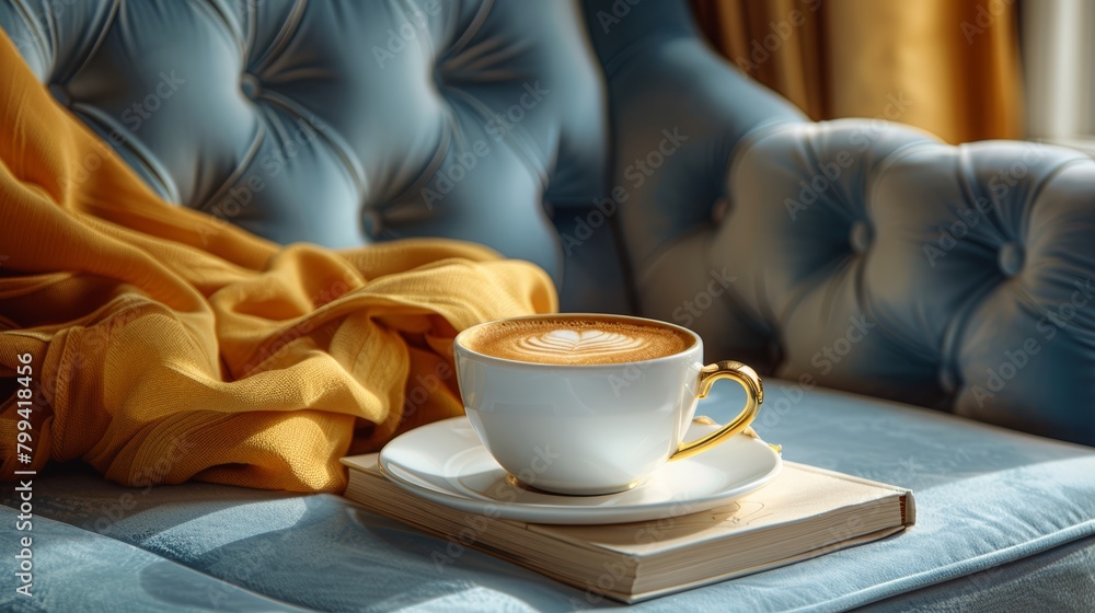 A Cup of Coffee on Top of a Blue Couch