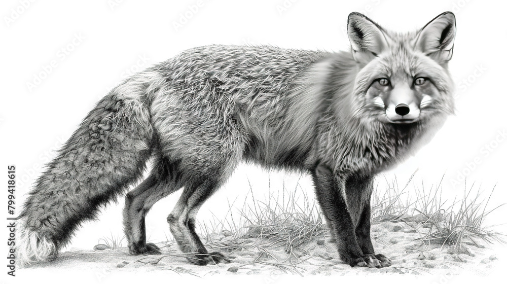 Fototapeta premium A monochrome illustration of a fox perched amidst green grass and rocky terrain against a pure white backdrop
