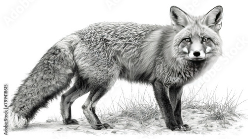  A monochrome illustration of a fox perched amidst green grass and rocky terrain against a pure white backdrop