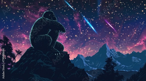 Stylized image of king kong observing the starry sky on a mountain peak in neon colors