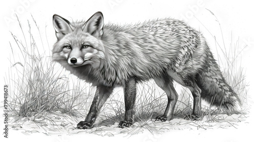  A monochrome illustration of a fox standing amidst a field of green grass, with its mouth agape and eyes shut