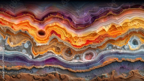  A close-up of a multicolored rock with a single black hole in its center