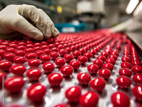 A person is touching a red pill on a conveyor belt. The pills are red and appear to be in a factory setting photo