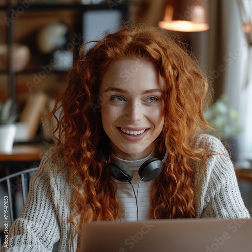 Woman With Red Curly Hair Sitting in Front of Laptop