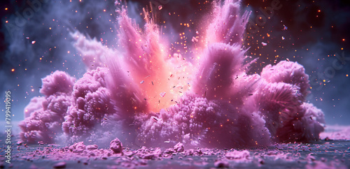   A vibrant burst of pink and purple smoke against a dark blue backdrop, speckled with stars and emitting escaping smoke photo