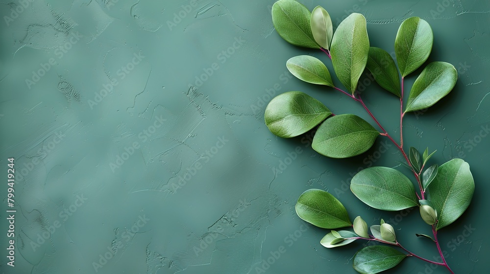 Fesh sprig of green ruckus with green leaves on a green color ...