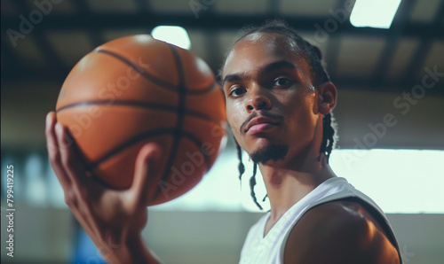 A focused basketball player with the ball spinning on his finger, captured in a close-up. He has a determined look, his braided hair held back, and sweat visible on his face
