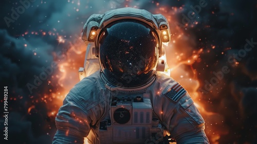 Astronaut in Space Suit Standing Before Star-Filled Cosmos
