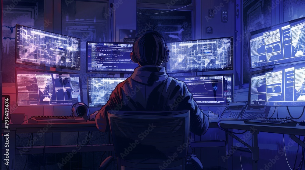 Digital Defender Cybersecurity Expert Analyzing Breach on Multiple Monitors in Dark Room Digital Defender Cybersecurity Expert Analyzing Breach on Multiple Monitors in Dark Room