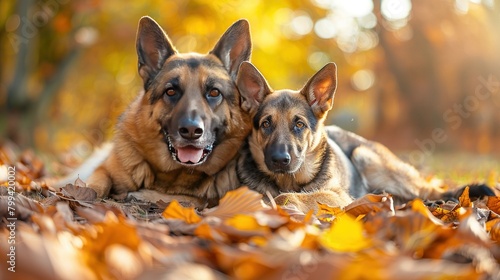  A pair of dogs lounging beside each other atop a mound of leaves in a field