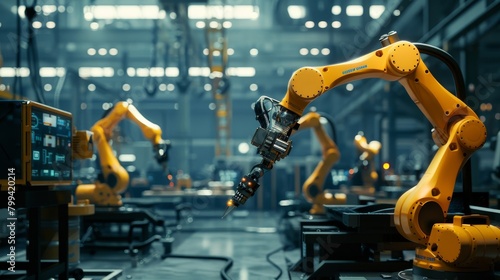 Efficient Automation Skilled Worker Supervising HighTech Robotic Arms in Modern Manufacturing Facility