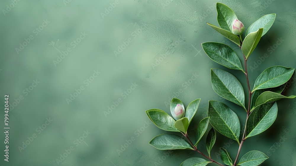 Fesh sprig of green ruckus with green leaves on a green color ...