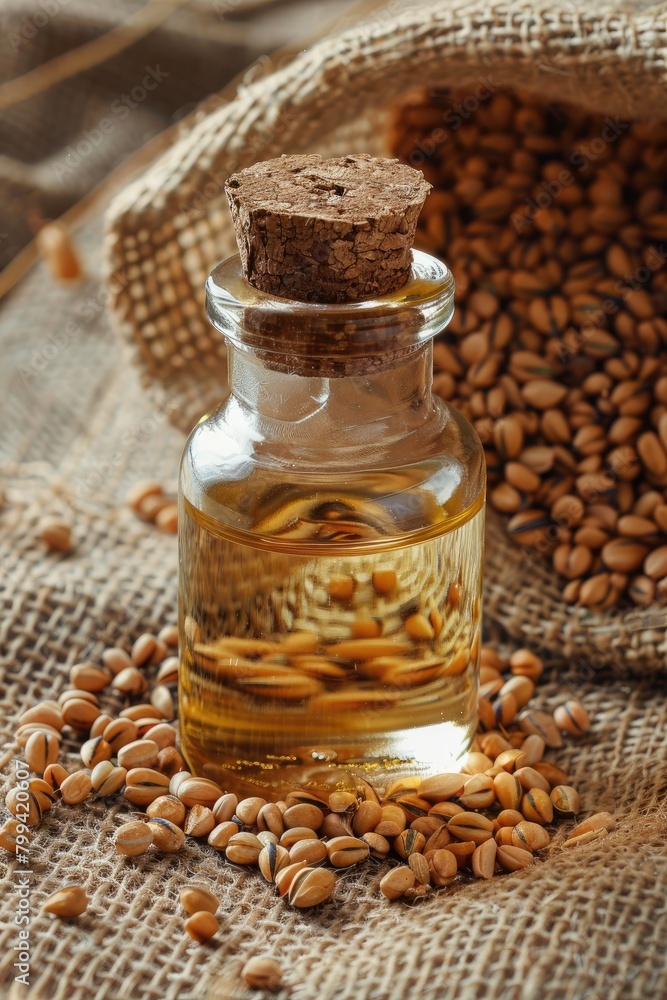 Buckwheat oil on a burlap background, top view Buckwheat oil on a burlap background, top view