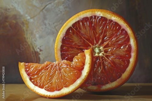 Close-up of half a blood orange with a small slice in front of it photo