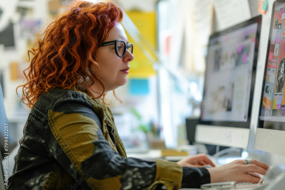 Red-haired woman intently working on a computer in a creative office environment