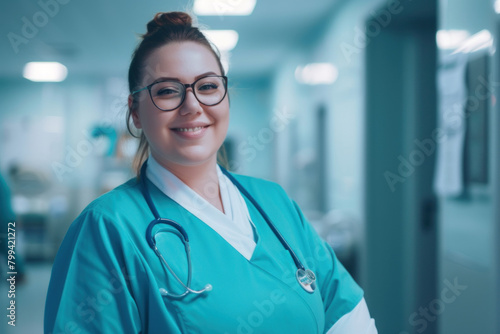 Smiling healthcare professional with glasses and stethoscope standing in a hospital corridor