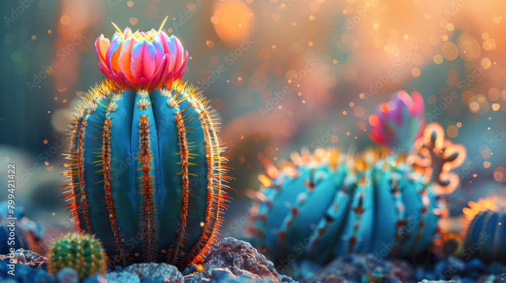 A variety of vibrant cactus plants, including prickly pears and barrel cacti, dot a vast field