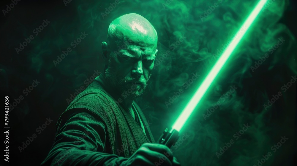 Fototapeta premium Person holding a lightsaber, invoking a sci-fi fantasy theme.