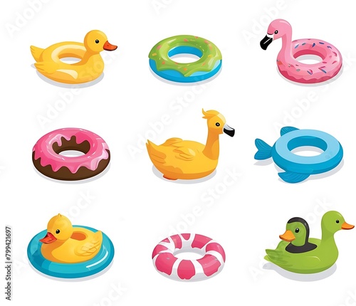 Beach water toys. Pool equipment. Realistic style. Set of rubber icons for water sports and recreation. Circles, birds, pools, rubber bed.