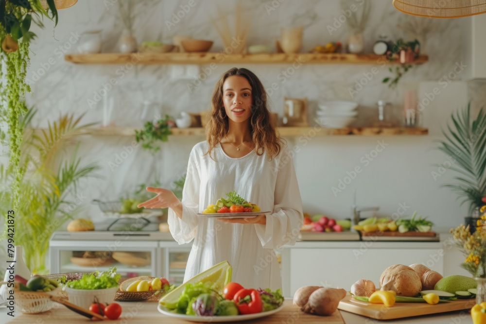 A cheerful young Caucasian woman presenting a bowl of salad in a bright, modern kitchen