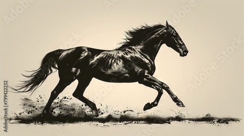  A monochrome image of a horse running on a pale background with a splash of color in the foreground